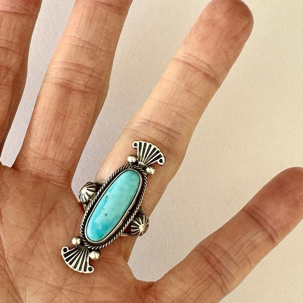 Navajo‎ Turquoise Ring Sz 7 Long Sterling Benally Native American